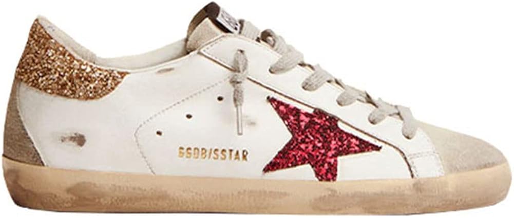White Leather Sneakers for Women Trendy Sequins Trainers Lace-up Low-top Sport Shoes - Red
