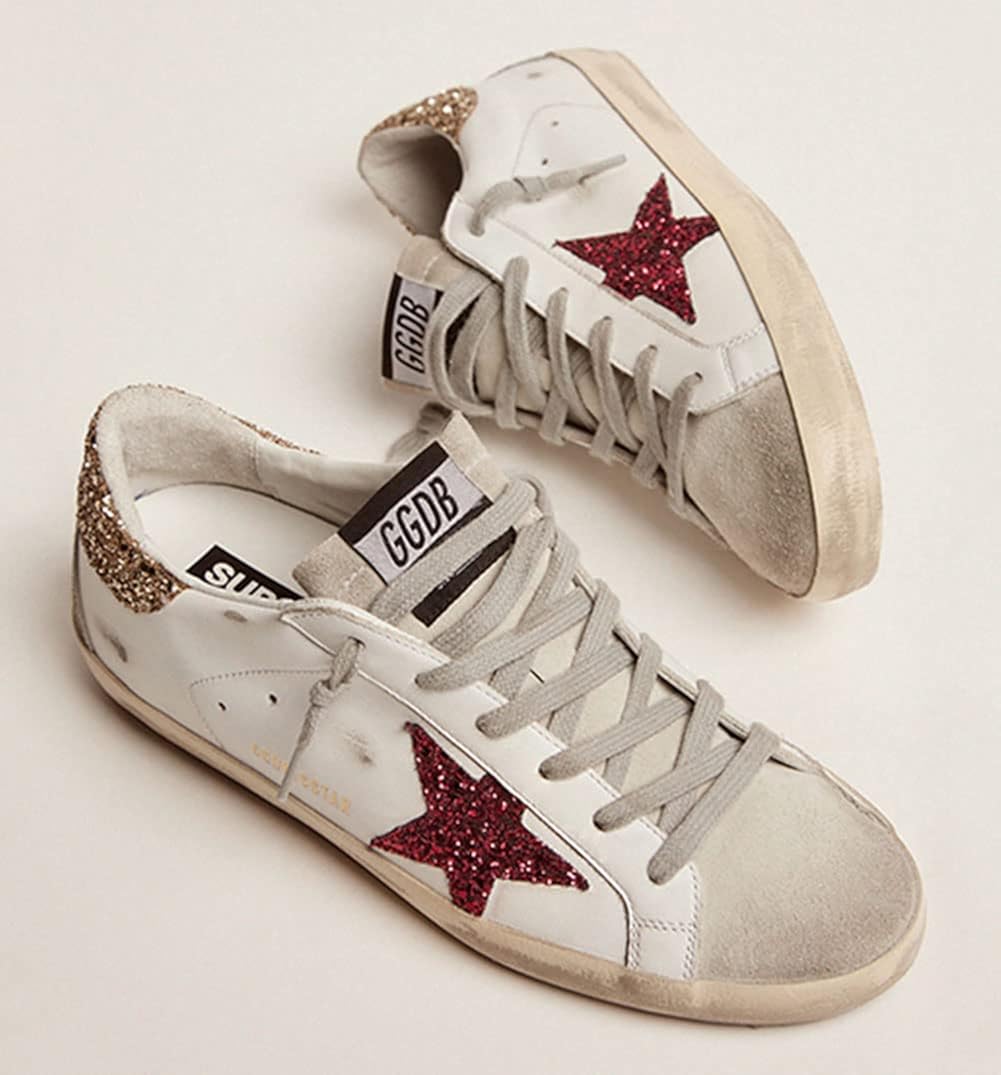 White Leather Sneakers for Men Trendy Sequins Trainers Lace-up Low-top Sport Shoes