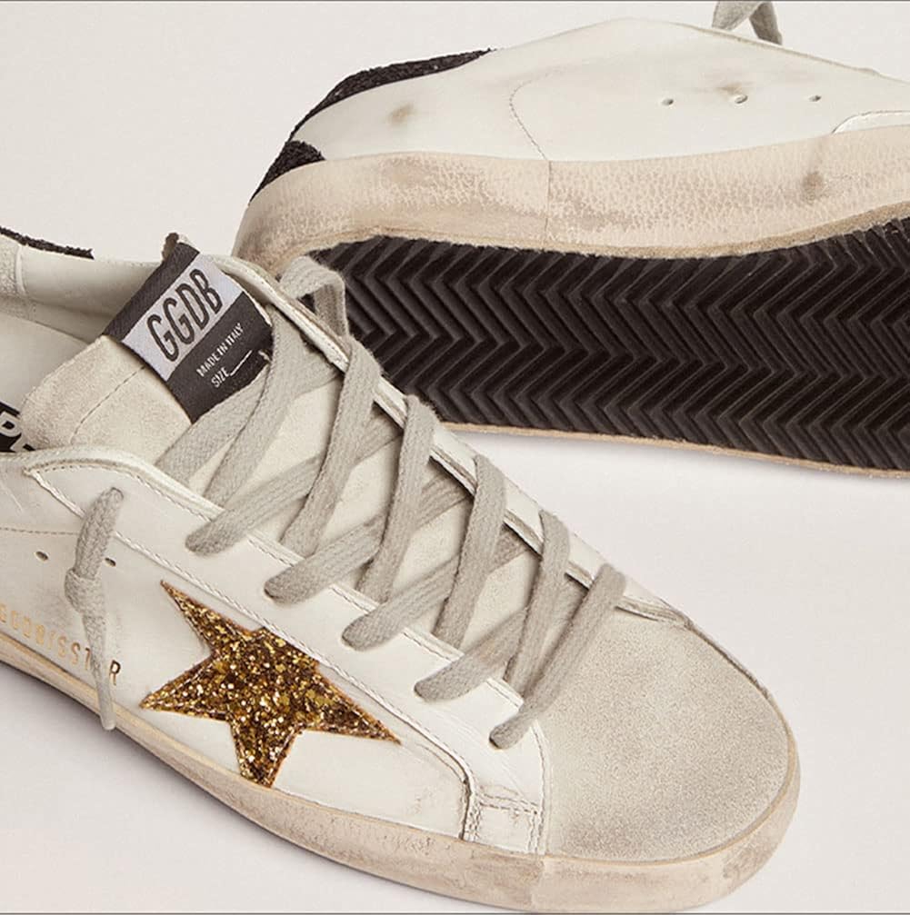White Leather Sneakers for Women Trendy Sequins Trainers Lace-up Low-top Sport Shoes